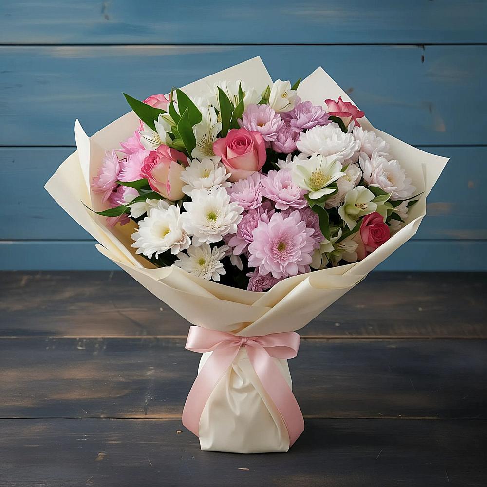 Букет цветов из: Хризантемы, Альстромерии и Розы в Кевсале